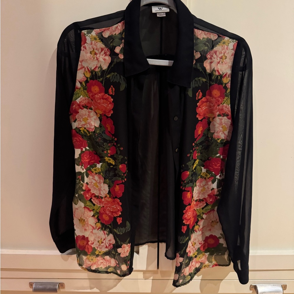 Vintage Worthington Black Sheer Blouse with floral front accent